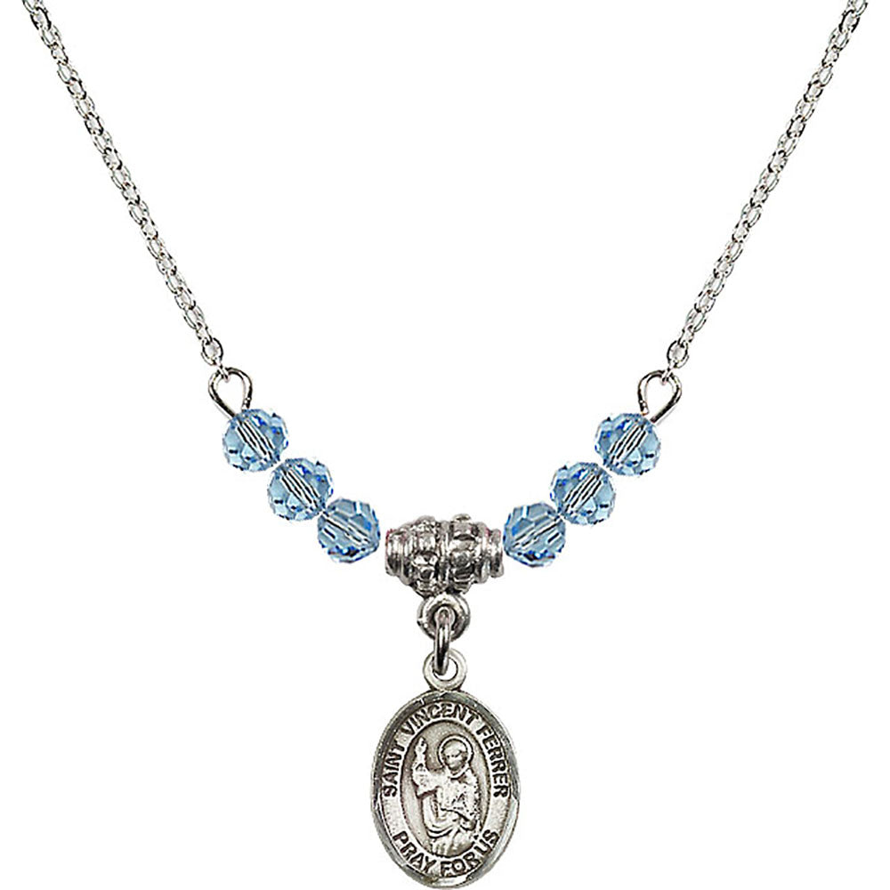 Sterling Silver Saint Vincent Ferrer Birthstone Necklace with Aqua Beads - 9201
