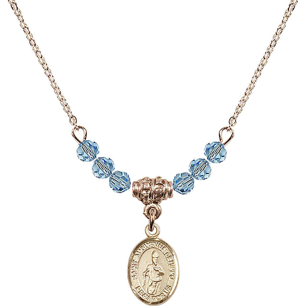 14kt Gold Filled Saint Augustine of Hippo Birthstone Necklace with Aqua Beads - 9202