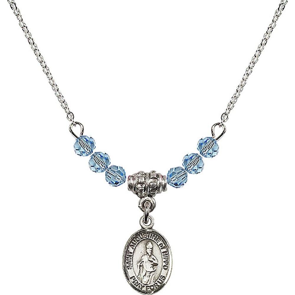 Sterling Silver Saint Augustine of Hippo Birthstone Necklace with Aqua Beads - 9202