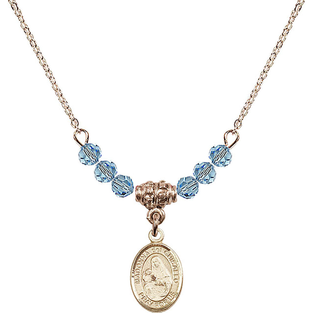14kt Gold Filled Madonna del Ghisallo Birthstone Necklace with Aqua Beads - 9203