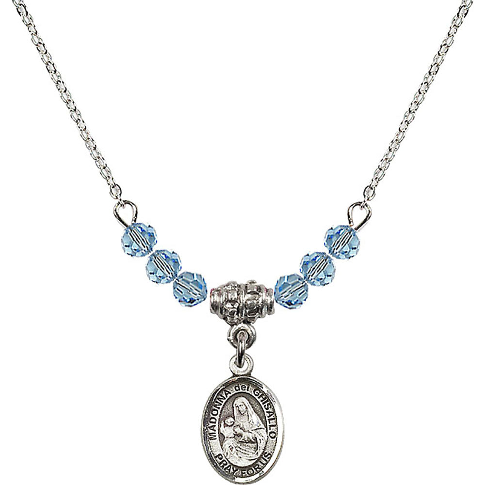 Sterling Silver Madonna del Ghisallo Birthstone Necklace with Aqua Beads - 9203