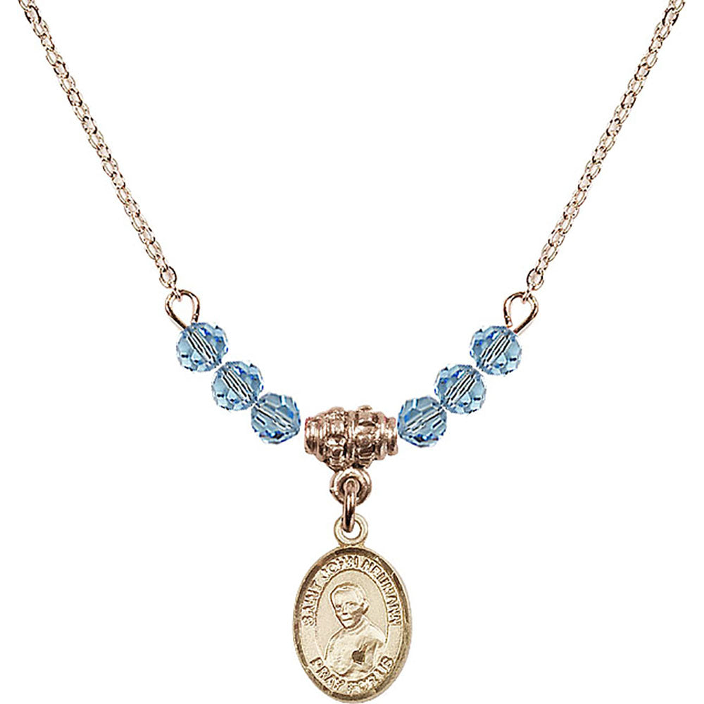 14kt Gold Filled Saint John Neumann Birthstone Necklace with Aqua Beads - 9204