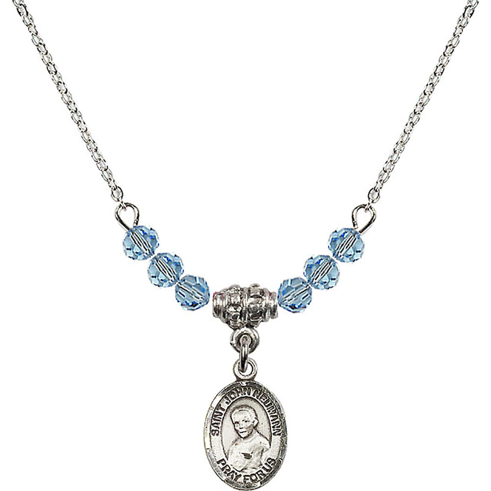 Sterling Silver Saint John Neumann Birthstone Necklace with Aqua Beads - 9204