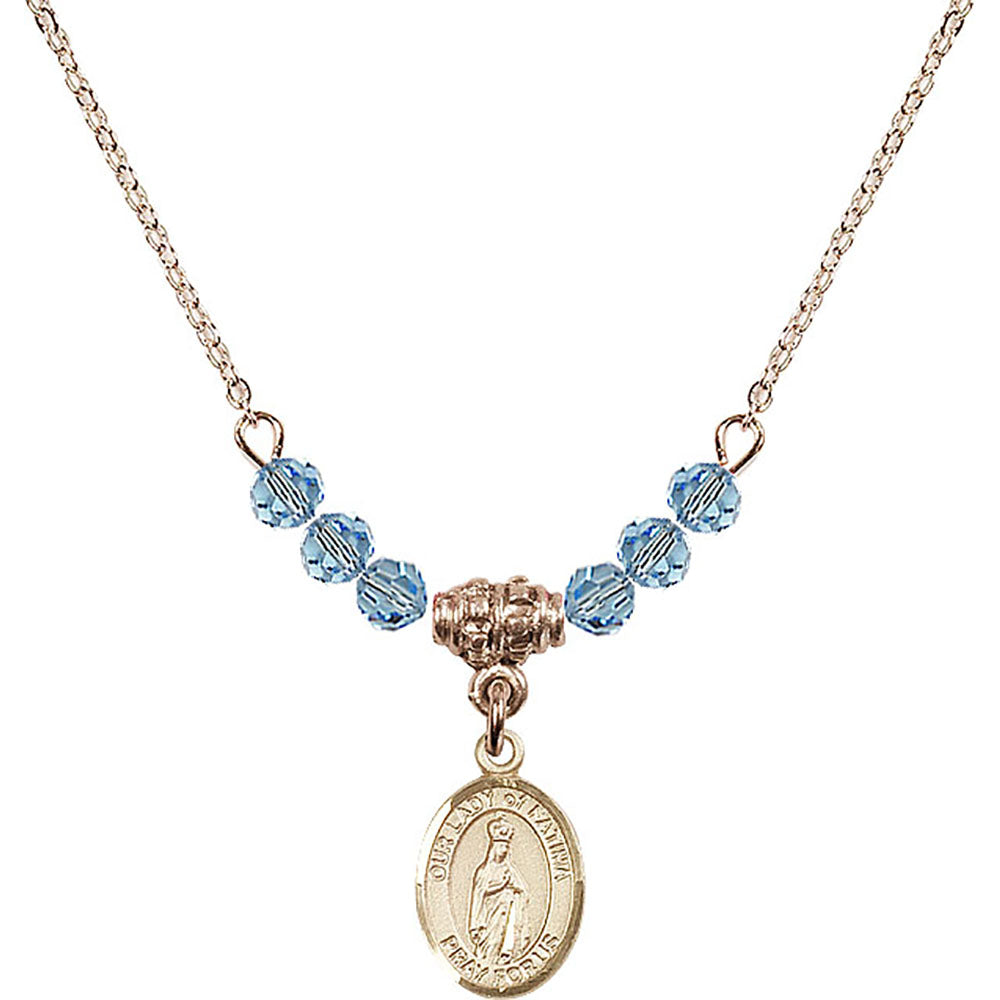 14kt Gold Filled Our Lady of Fatima Birthstone Necklace with Aqua Beads - 9205