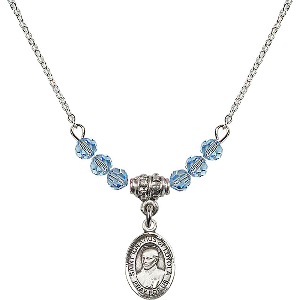 Sterling Silver Saint Ignatius of Loyola Birthstone Necklace with Aqua Beads - 9217