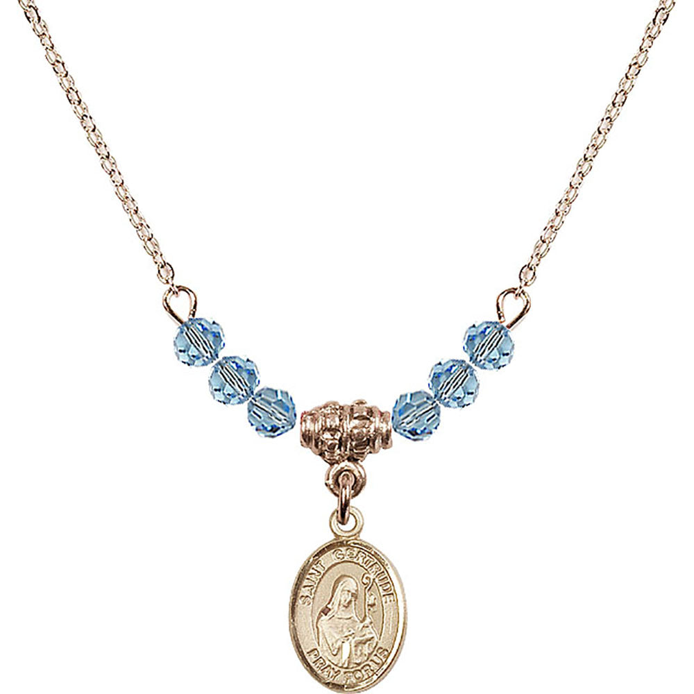 14kt Gold Filled Saint Gertrude of Nivelles Birthstone Necklace with Aqua Beads - 9219