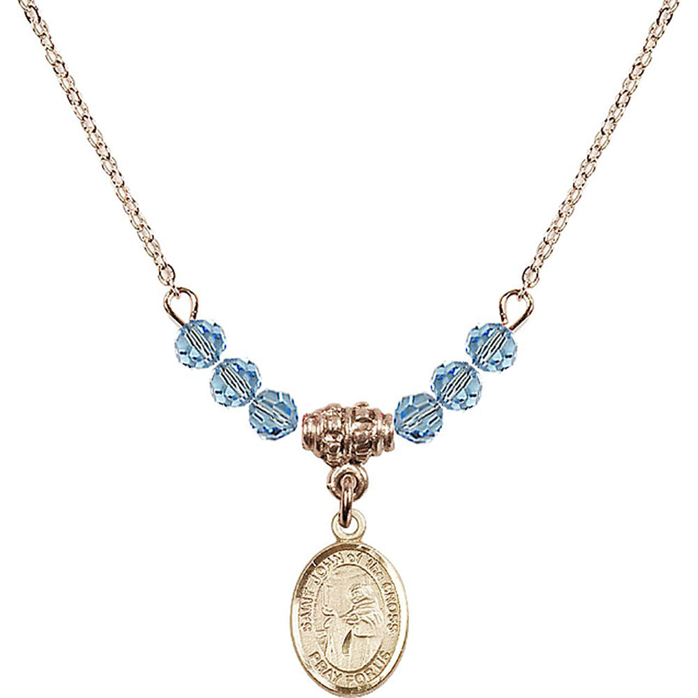 14kt Gold Filled Saint John of the Cross Birthstone Necklace with Aqua Beads - 9231