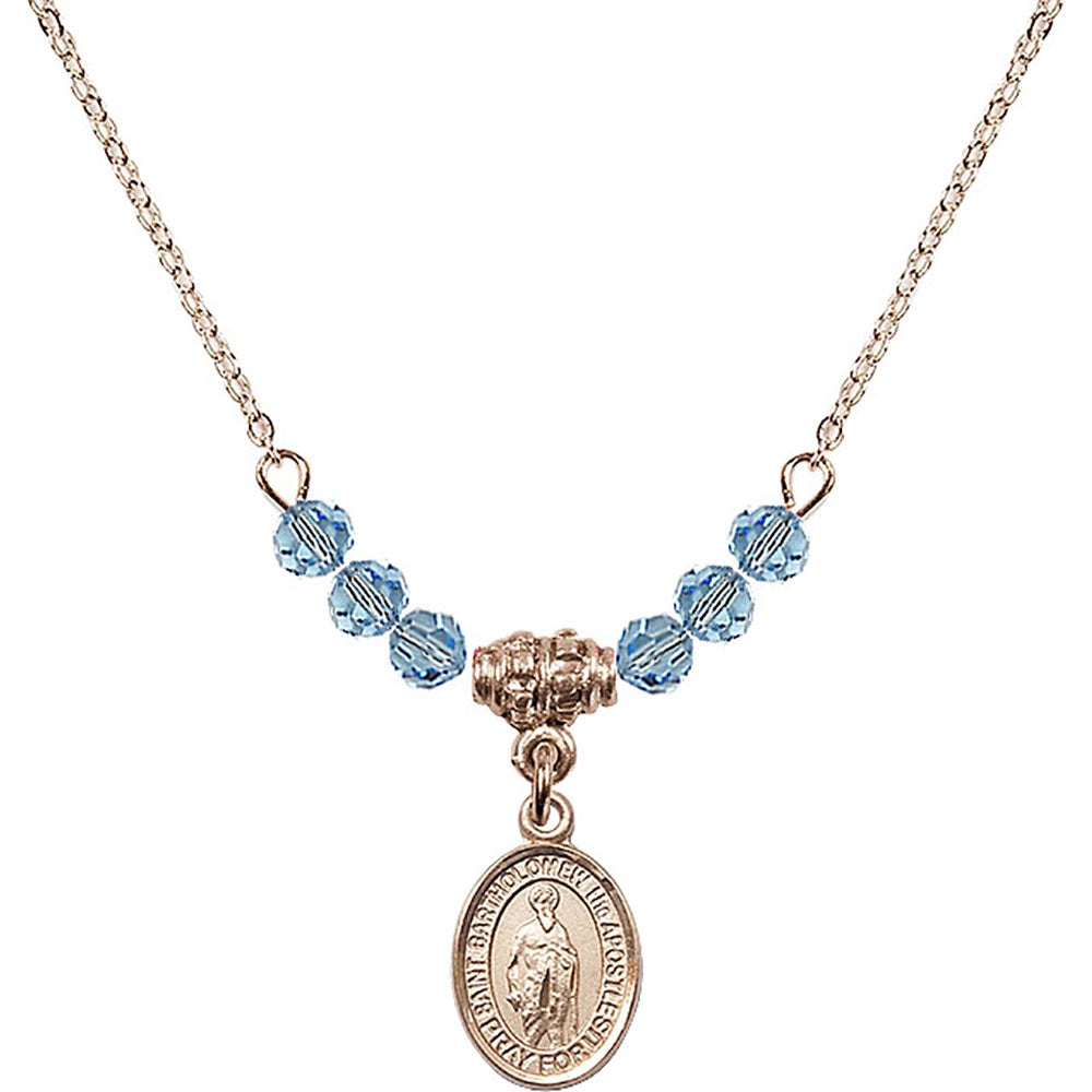 14kt Gold Filled Saint Bartholomew the Apostle Birthstone Necklace with Aqua Beads - 9238