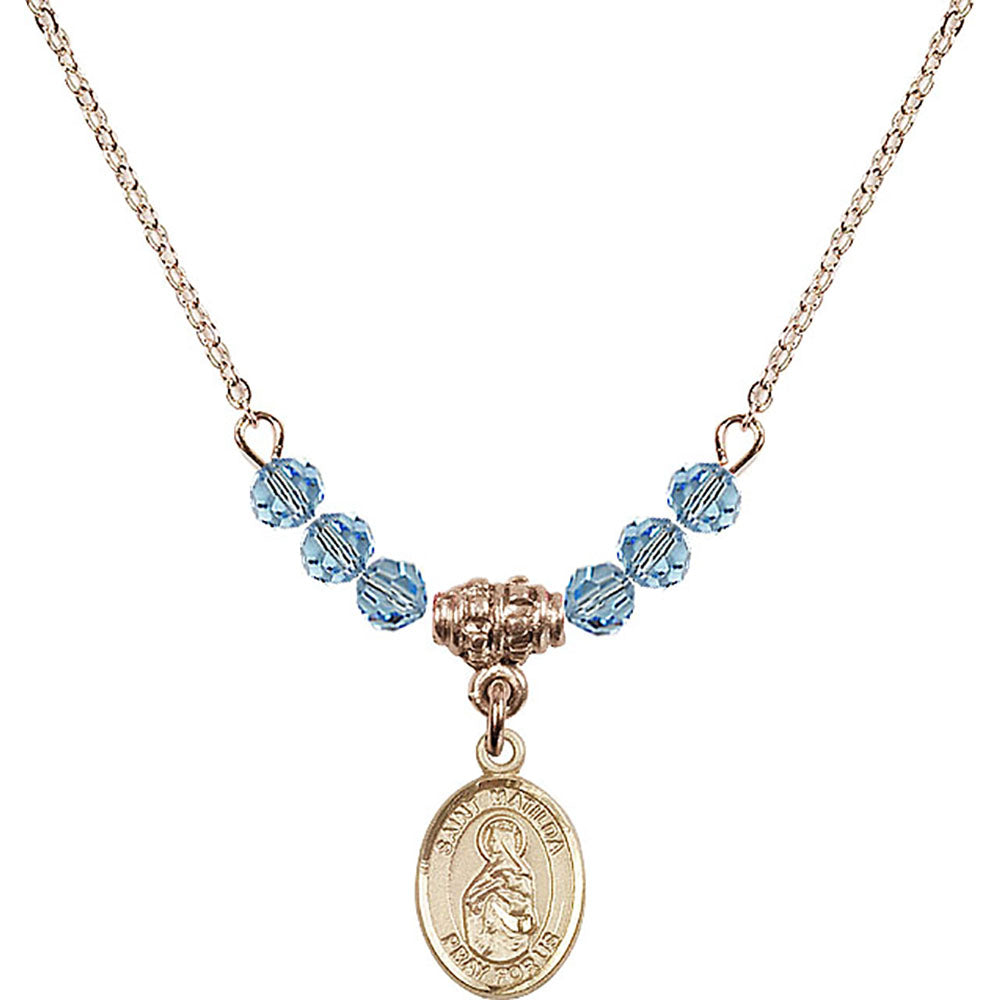 14kt Gold Filled Saint Matilda Birthstone Necklace with Aqua Beads - 9239
