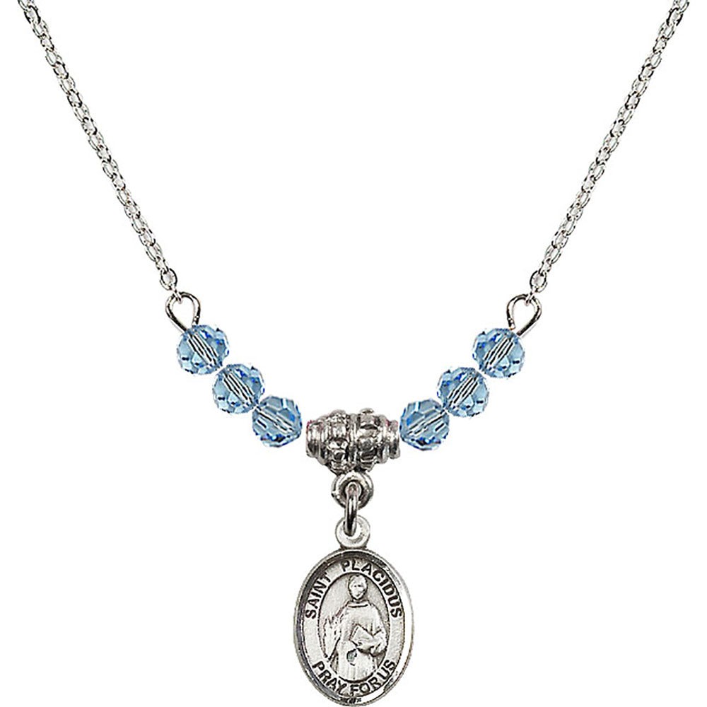 Sterling Silver Saint Placidus Birthstone Necklace with Aqua Beads - 9240