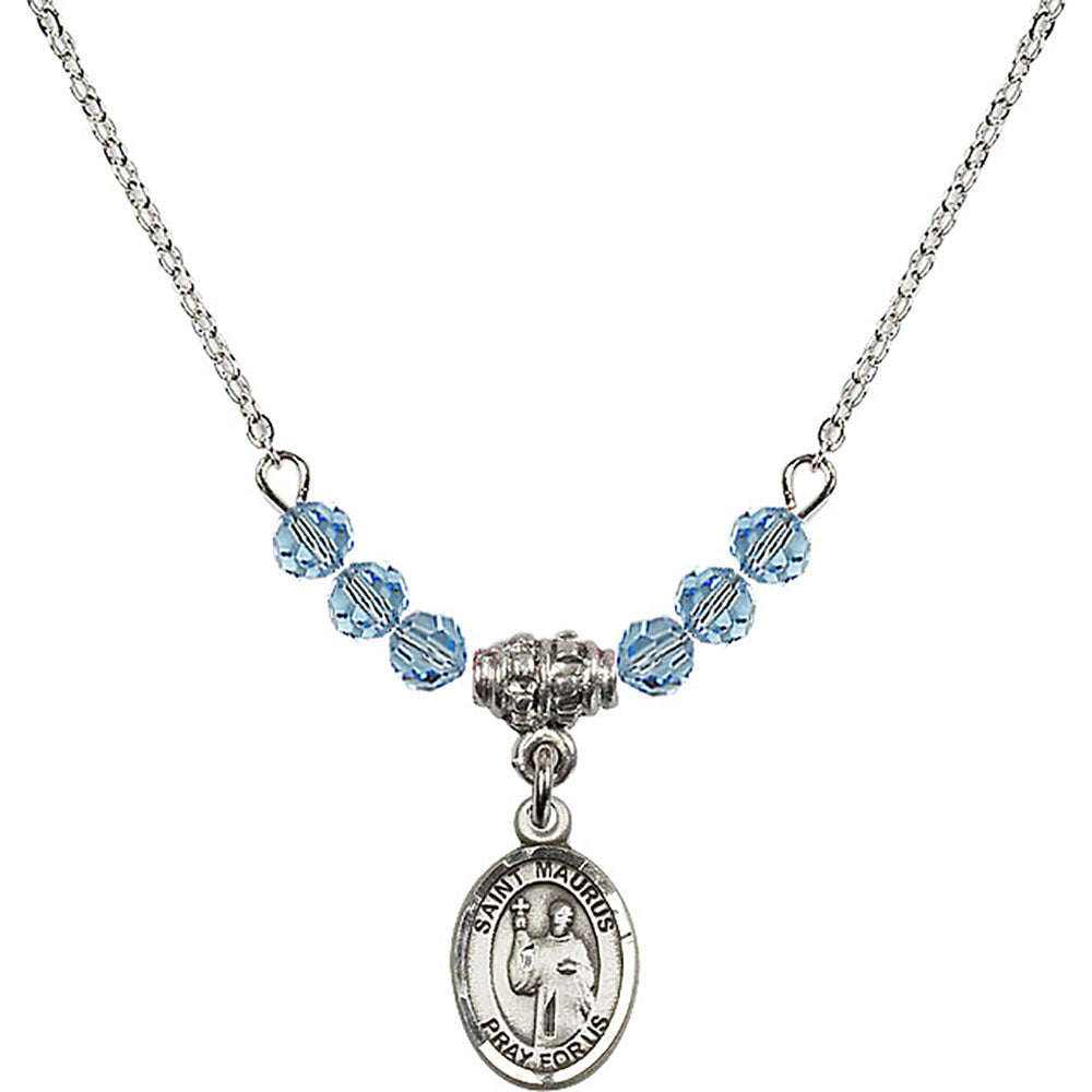 Sterling Silver Saint Maurus Birthstone Necklace with Aqua Beads - 9241