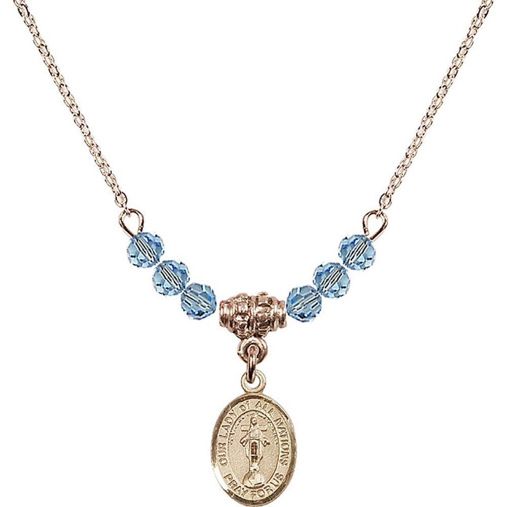 14kt Gold Filled Our Lady of All Nations Birthstone Necklace with Aqua Beads - 9242