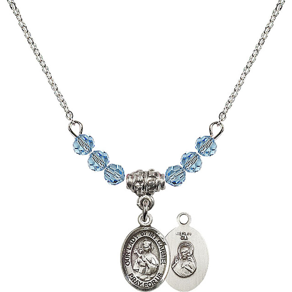 Sterling Silver Our Lady of Mount Carmel Birthstone Necklace with Aqua Beads - 9243