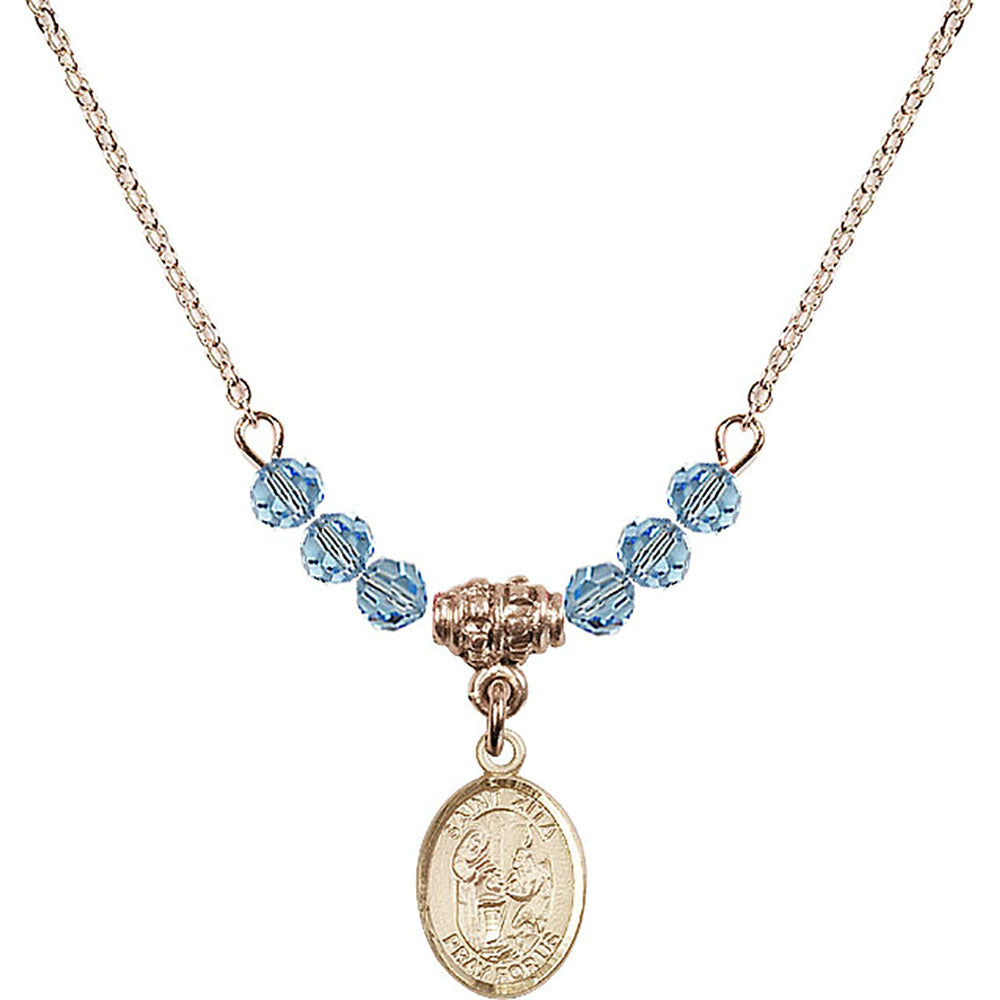 14kt Gold Filled Saint Zita Birthstone Necklace with Aqua Beads - 9244