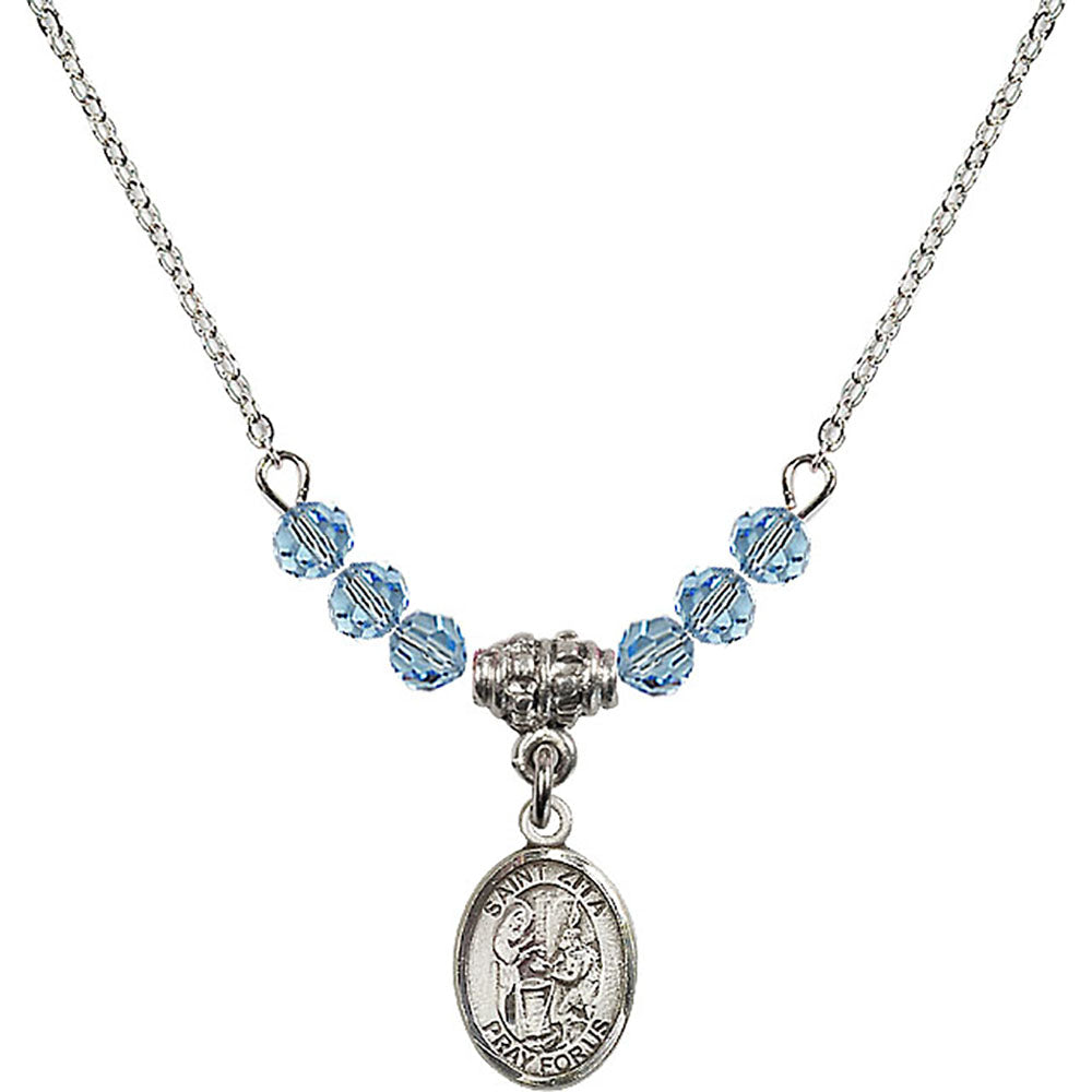 Sterling Silver Saint Zita Birthstone Necklace with Aqua Beads - 9244