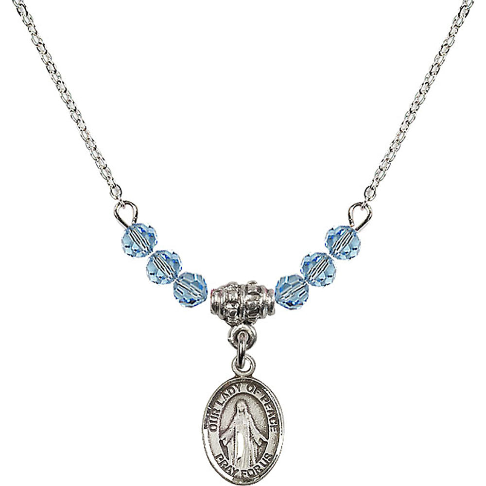 Sterling Silver Our Lady of Peace Birthstone Necklace with Aqua Beads - 9245