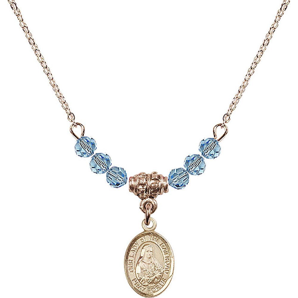 14kt Gold Filled Our Lady of the Railroad Birthstone Necklace with Aqua Beads - 9247