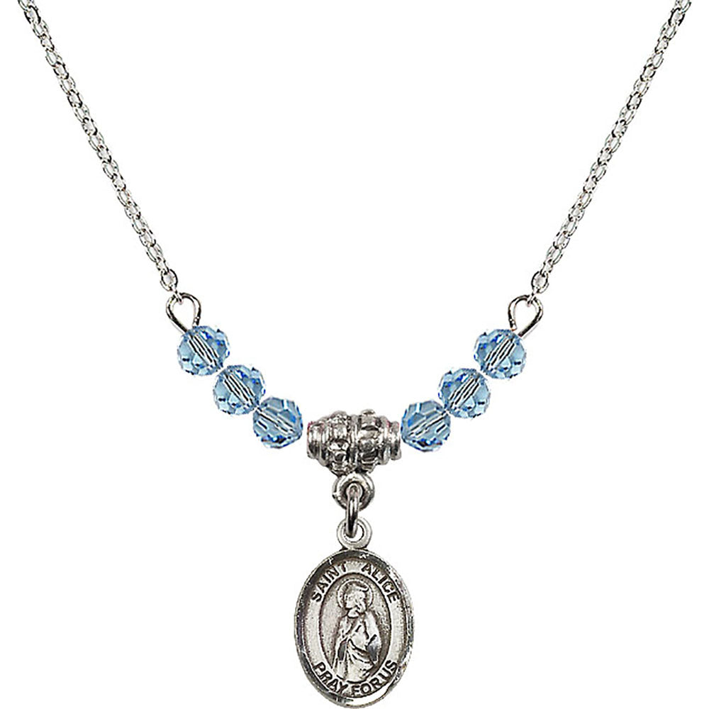 Sterling Silver Saint Alice Birthstone Necklace with Aqua Beads - 9248