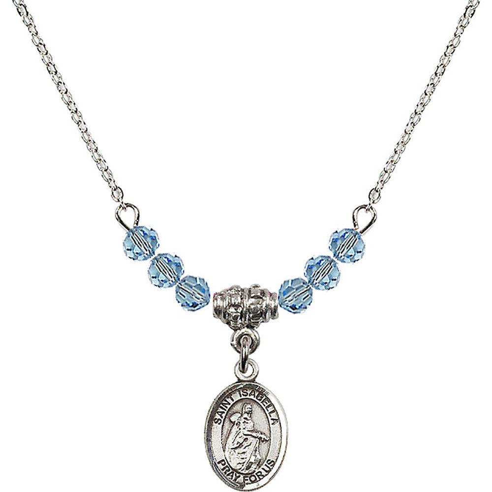 Sterling Silver Saint Isabella of Portugal Birthstone Necklace with Aqua Beads - 9250