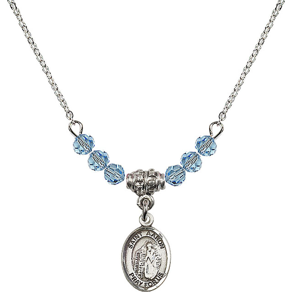 Sterling Silver Saint Aaron Birthstone Necklace with Aqua Beads - 9254