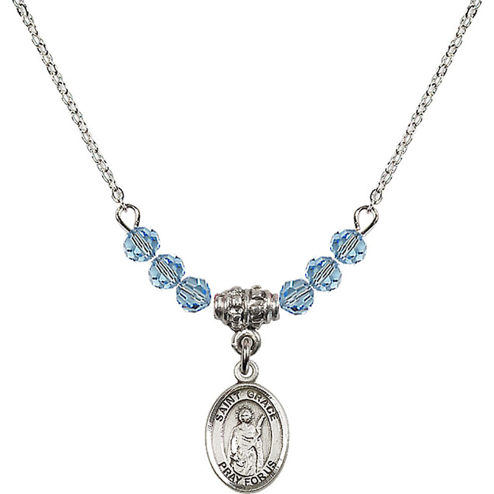 Sterling Silver Saint Grace Birthstone Necklace with Aqua Beads - 9255