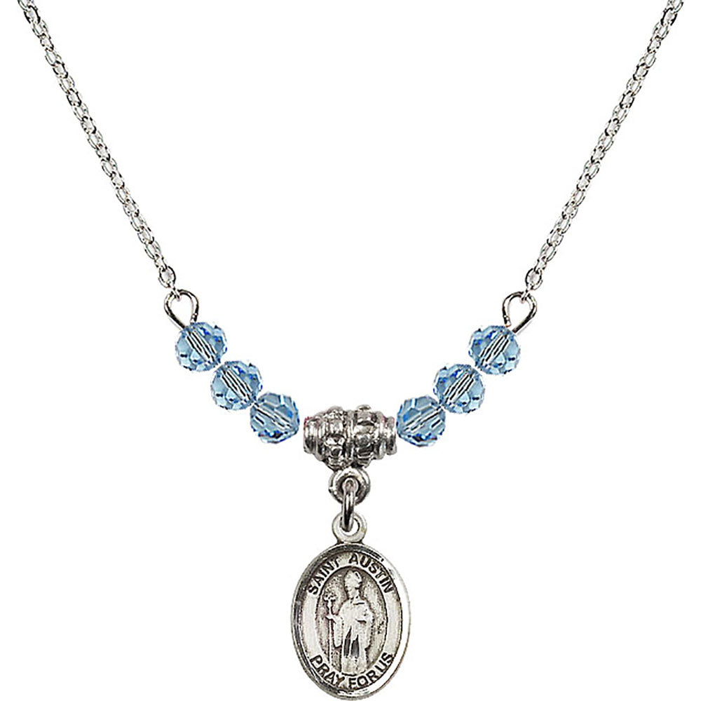 Sterling Silver Saint Austin Birthstone Necklace with Aqua Beads - 9256