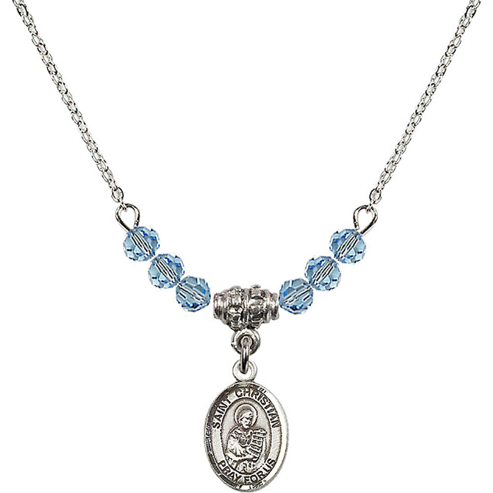 Sterling Silver Saint Christian Demosthenes Birthstone Necklace with Aqua Beads - 9257