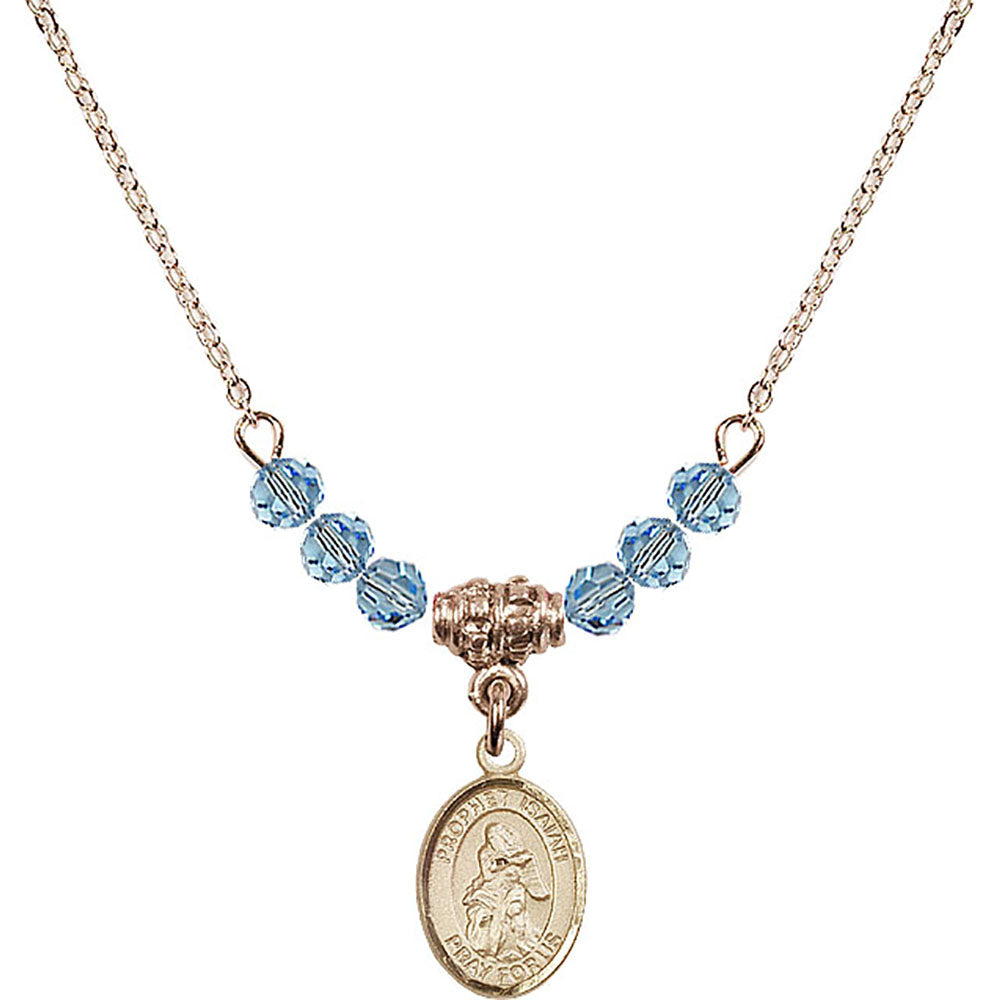 14kt Gold Filled Saint Isaiah Birthstone Necklace with Aqua Beads - 9258
