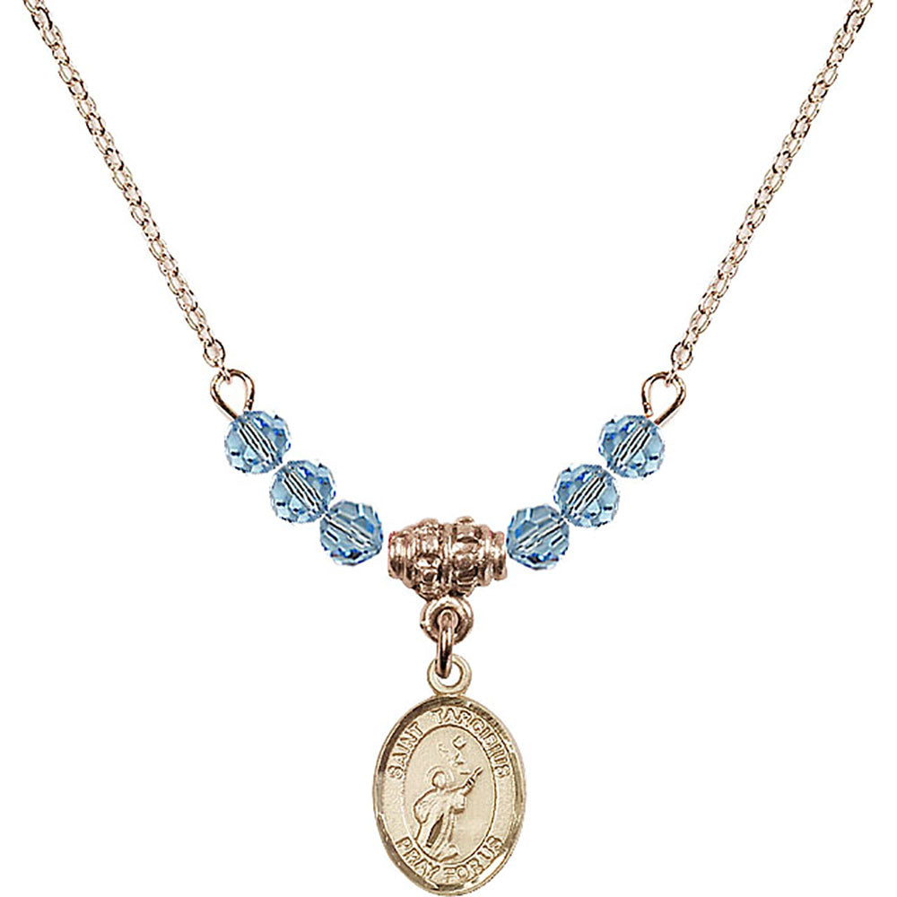 14kt Gold Filled Saint Tarcisius Birthstone Necklace with Aqua Beads - 9261