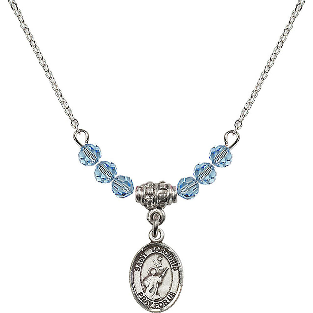 Sterling Silver Saint Tarcisius Birthstone Necklace with Aqua Beads - 9261