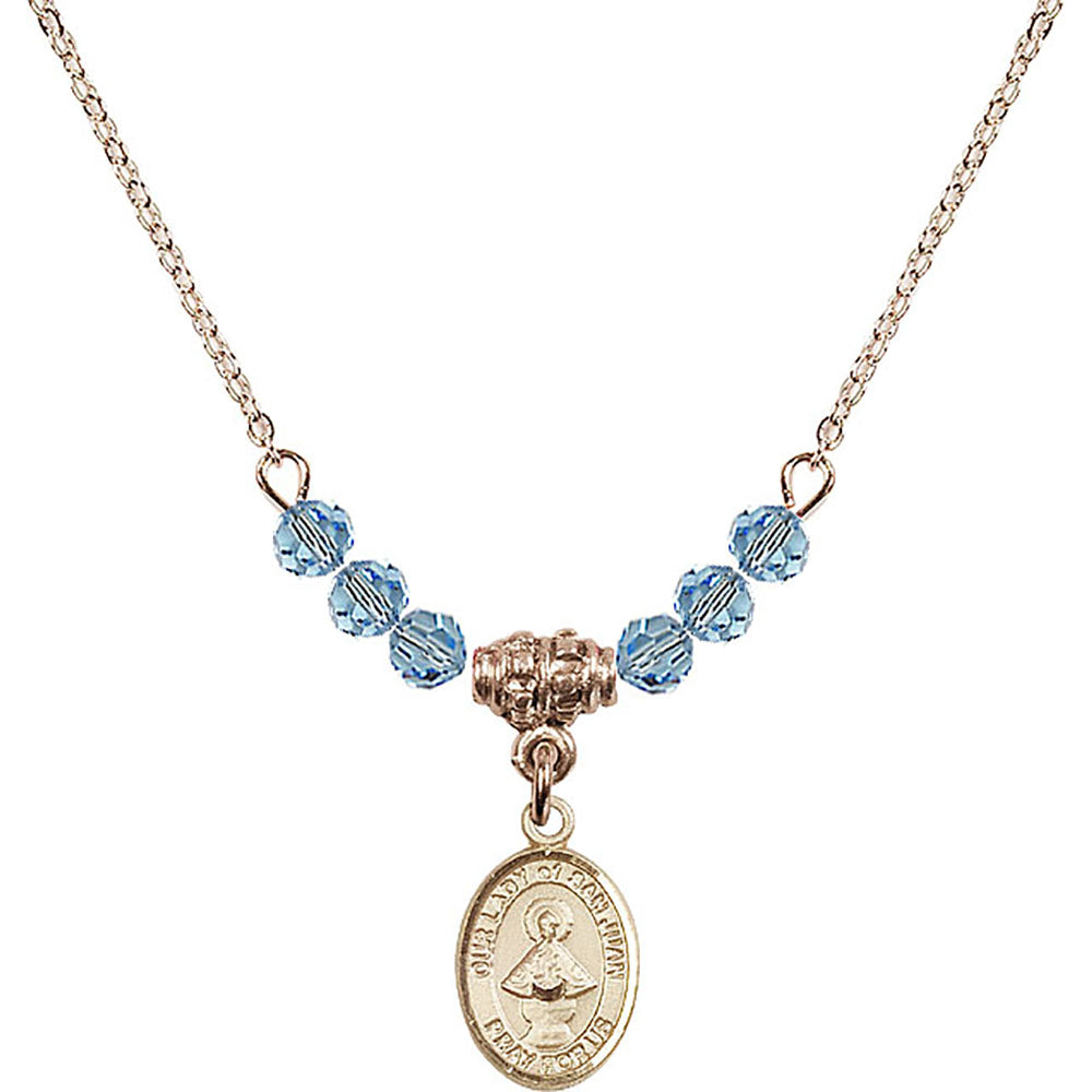 14kt Gold Filled Our Lady of San Juan Birthstone Necklace with Aqua Beads - 9263