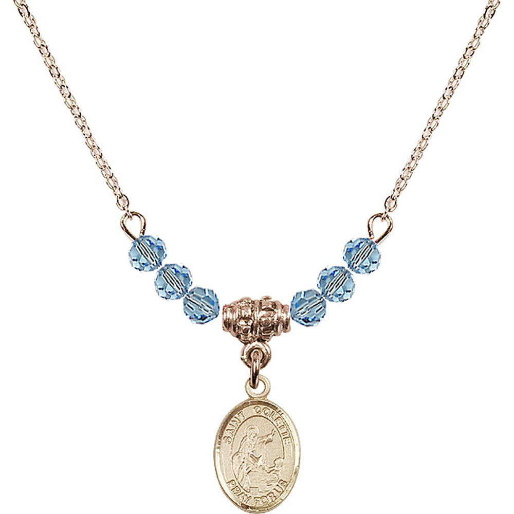14kt Gold Filled Saint Colette Birthstone Necklace with Aqua Beads - 9268