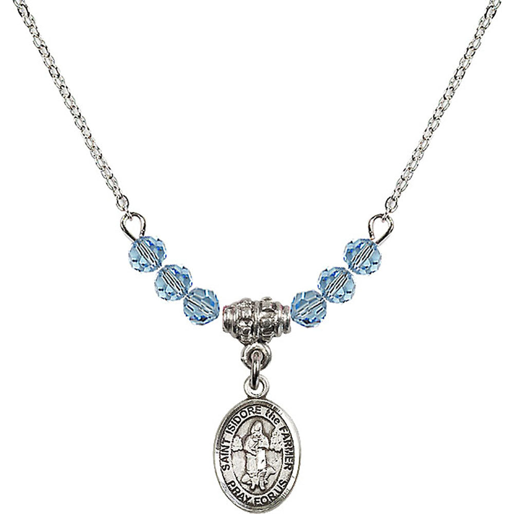 Sterling Silver Saint Isidore the Farmer Birthstone Necklace with Aqua Beads - 9276
