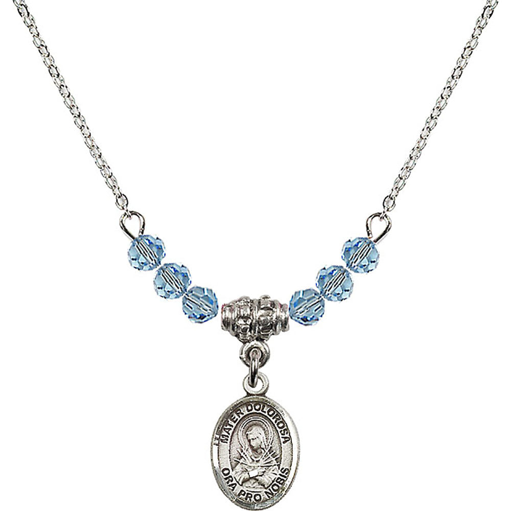 Sterling Silver Mater Dolorosa Birthstone Necklace with Aqua Beads - 9290