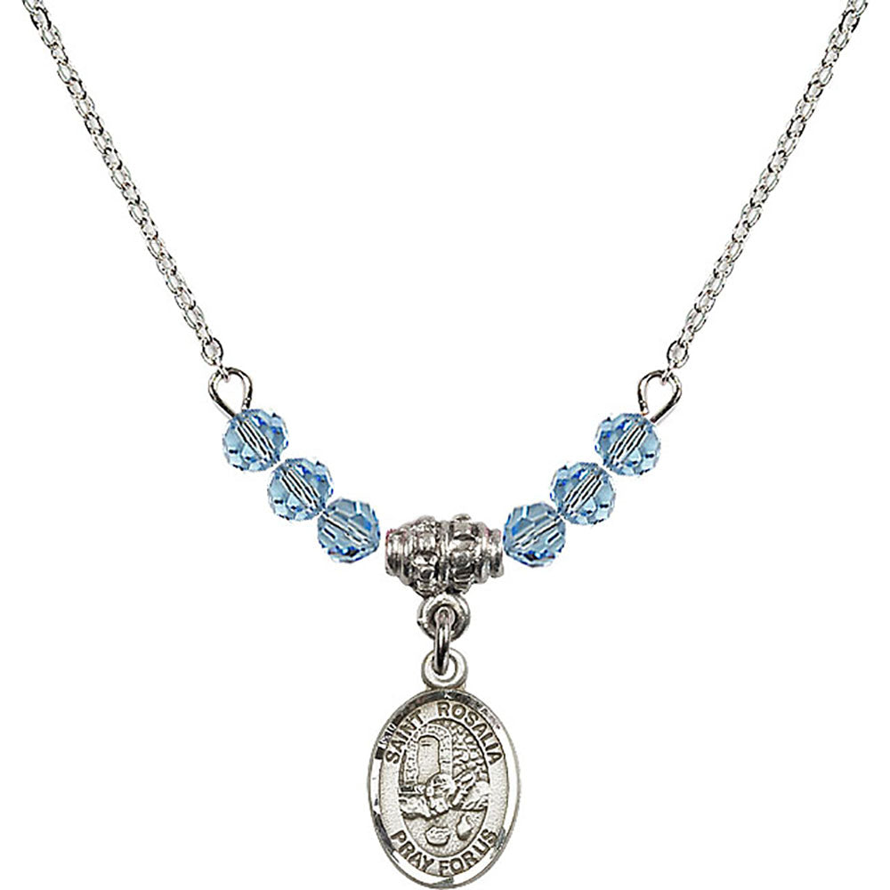 Sterling Silver Saint Rosalia Birthstone Necklace with Aqua Beads - 9309