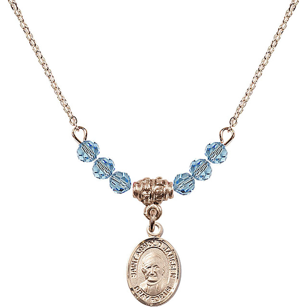 14kt Gold Filled Saint Arnold Janssen Birthstone Necklace with Aqua Beads - 9328