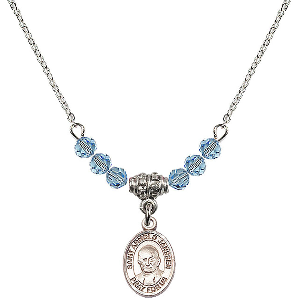 Sterling Silver Saint Arnold Janssen Birthstone Necklace with Aqua Beads - 9328
