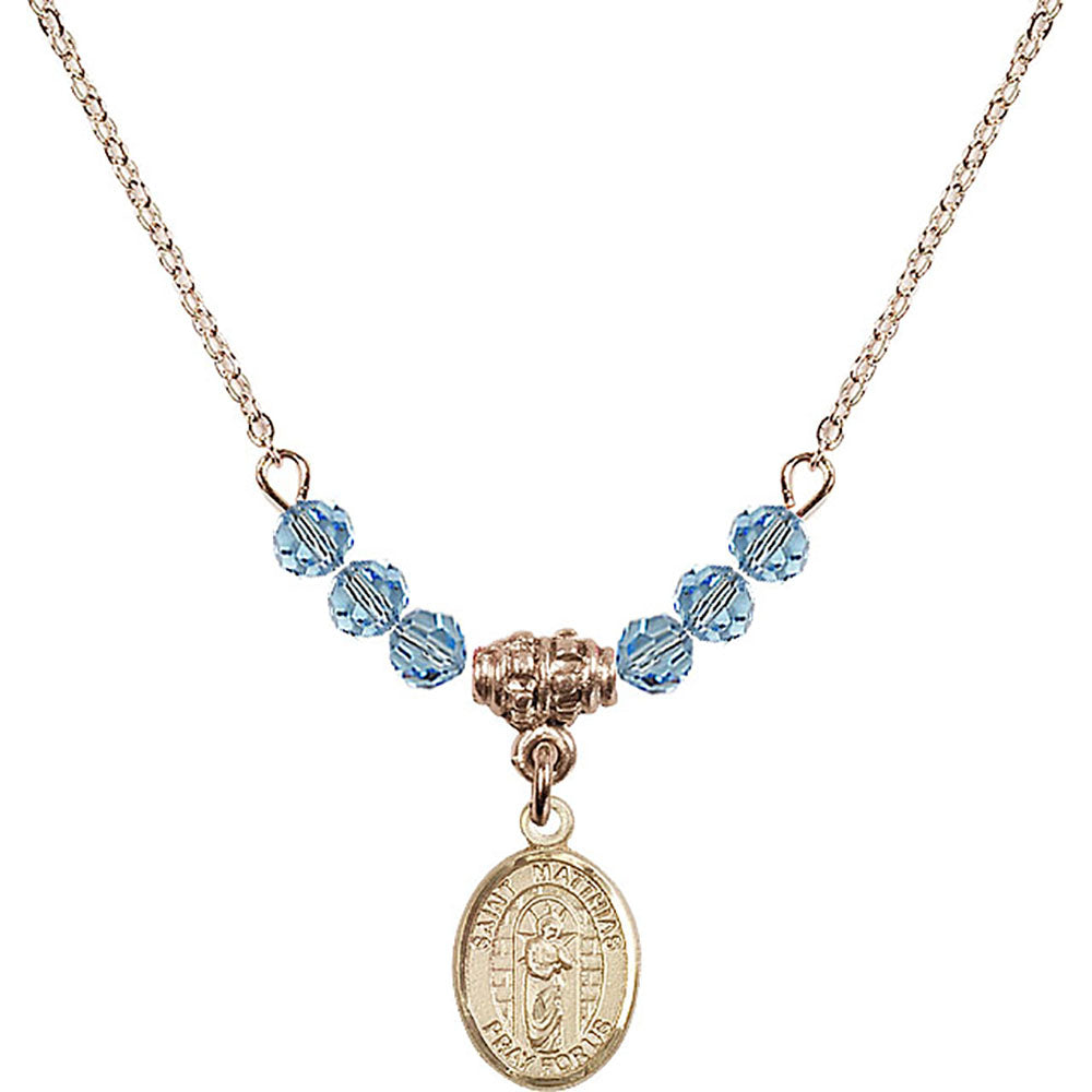 14kt Gold Filled Saint Matthias the Apostle Birthstone Necklace with Aqua Beads - 9331
