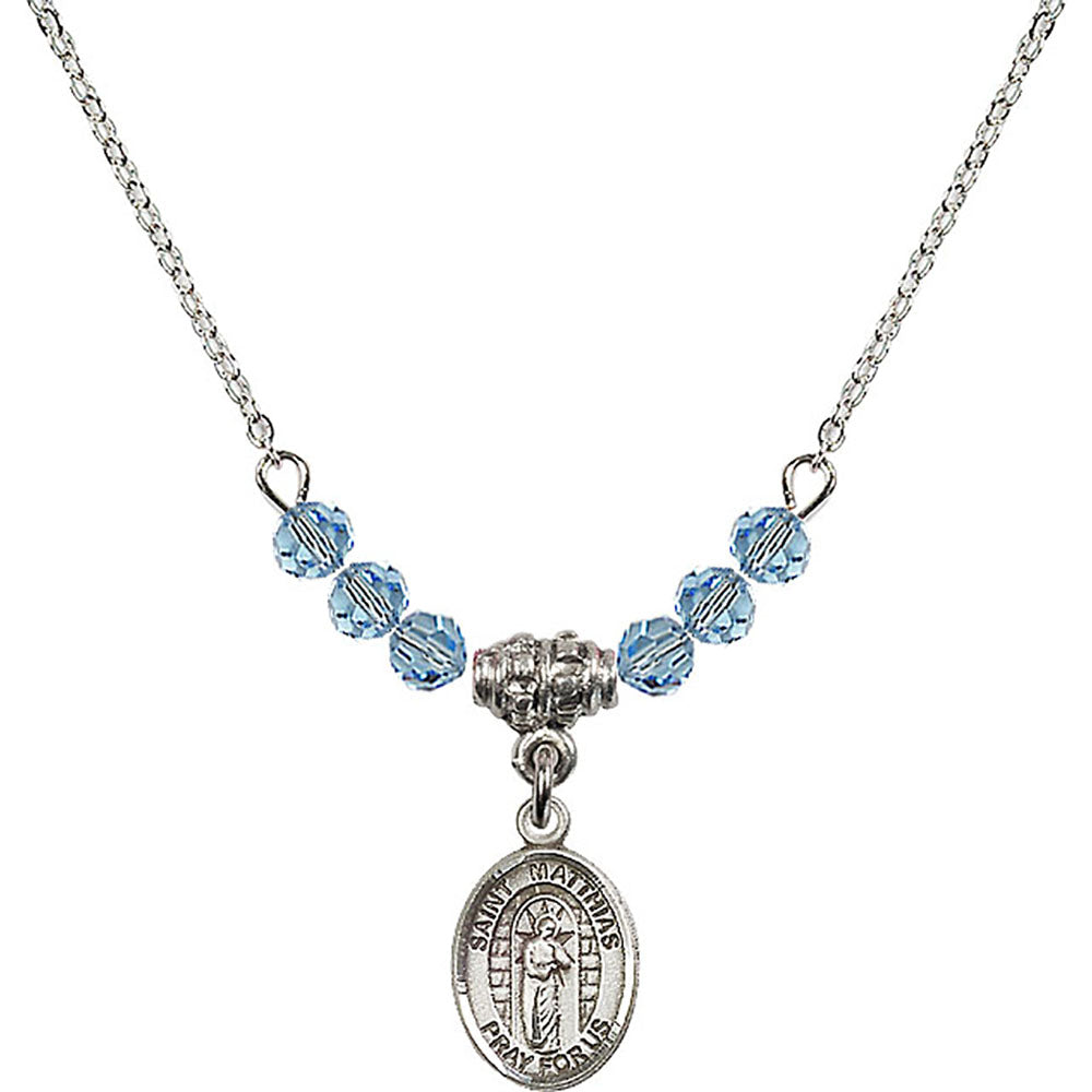 Sterling Silver Saint Matthias the Apostle Birthstone Necklace with Aqua Beads - 9331