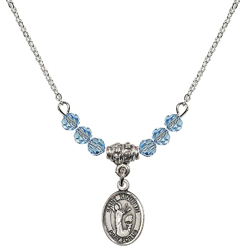 Sterling Silver Saint Kenneth Birthstone Necklace with Aqua Beads - 9332