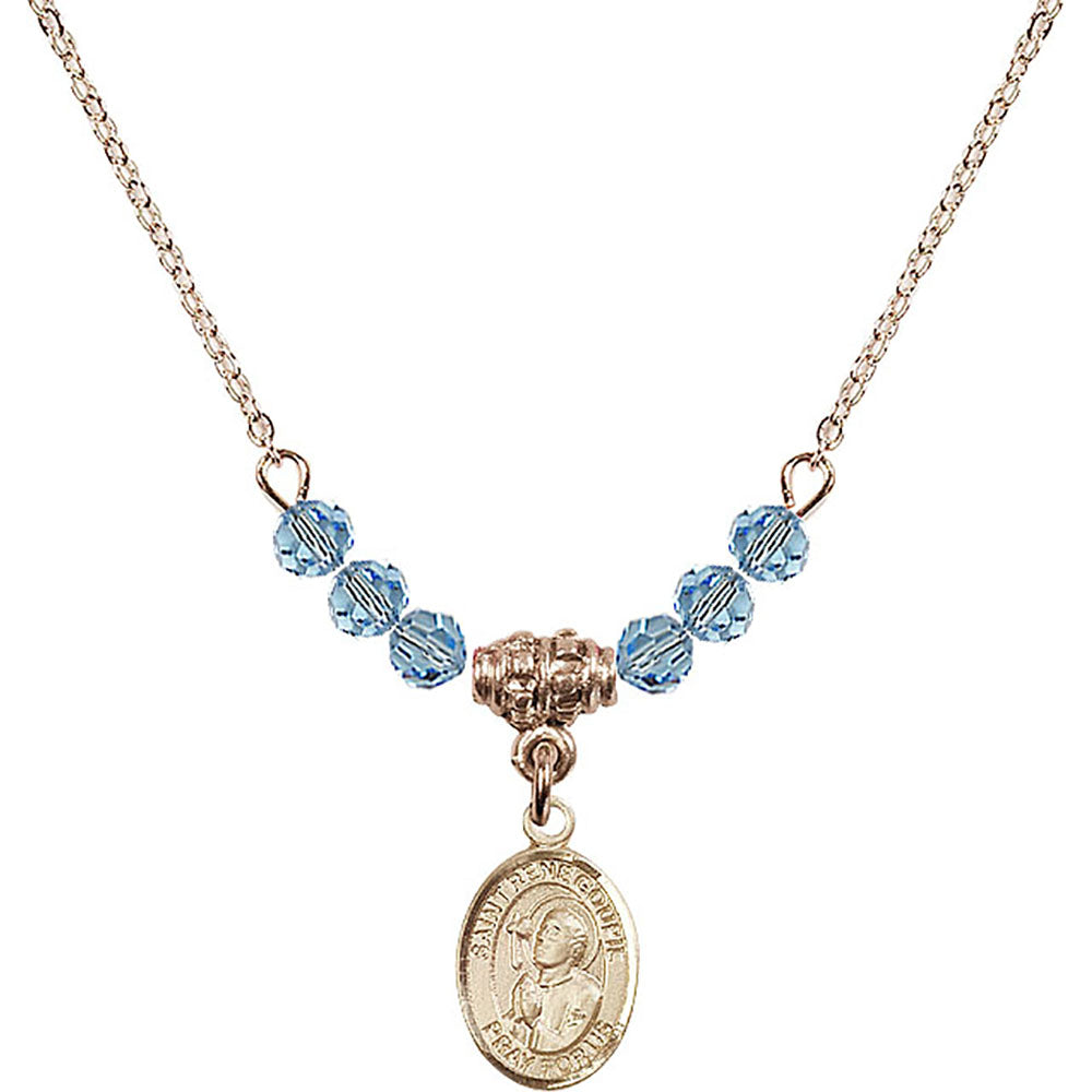 14kt Gold Filled Saint Rene Goupil Birthstone Necklace with Aqua Beads - 9334