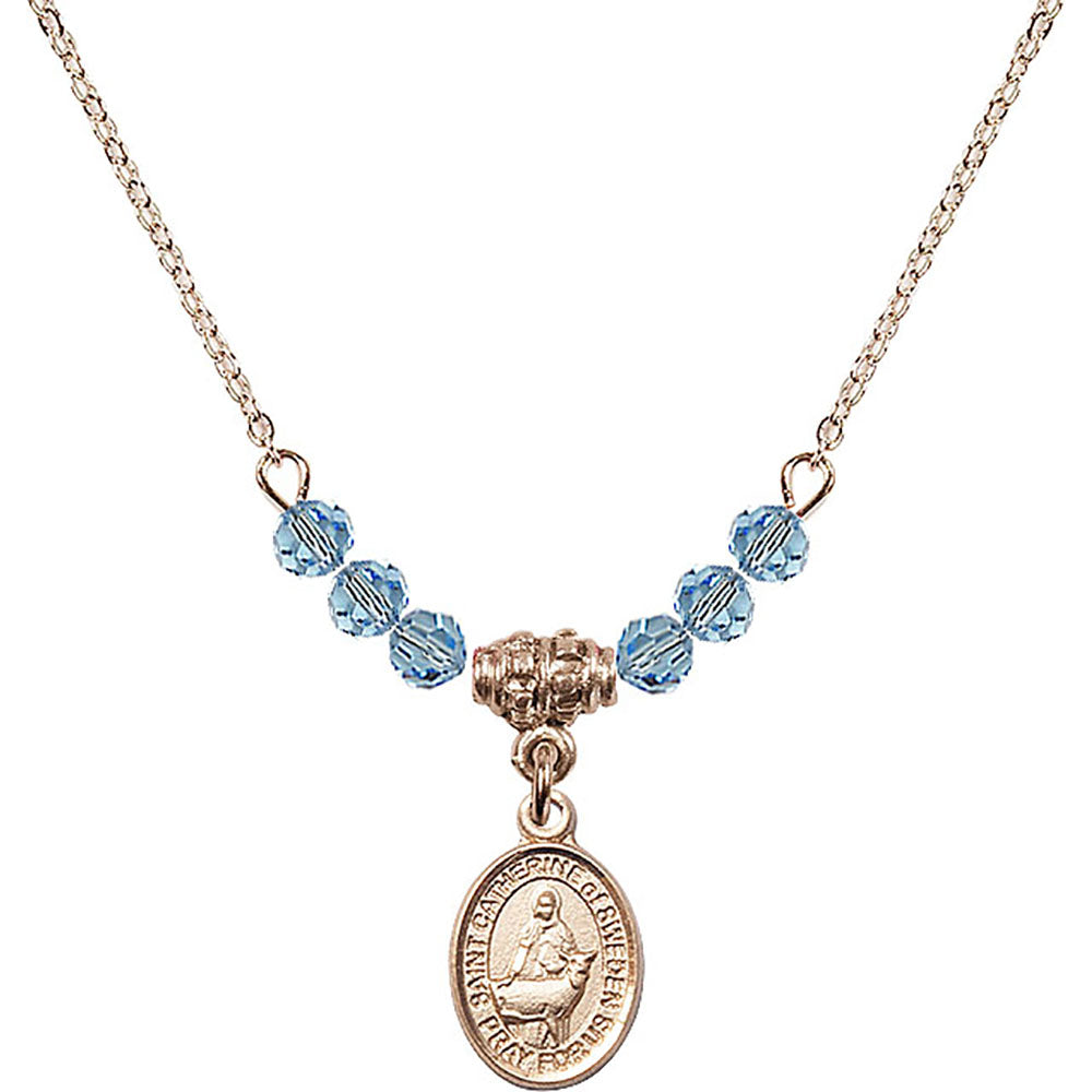 14kt Gold Filled Saint Catherine of Sweden Birthstone Necklace with Aqua Beads - 9336