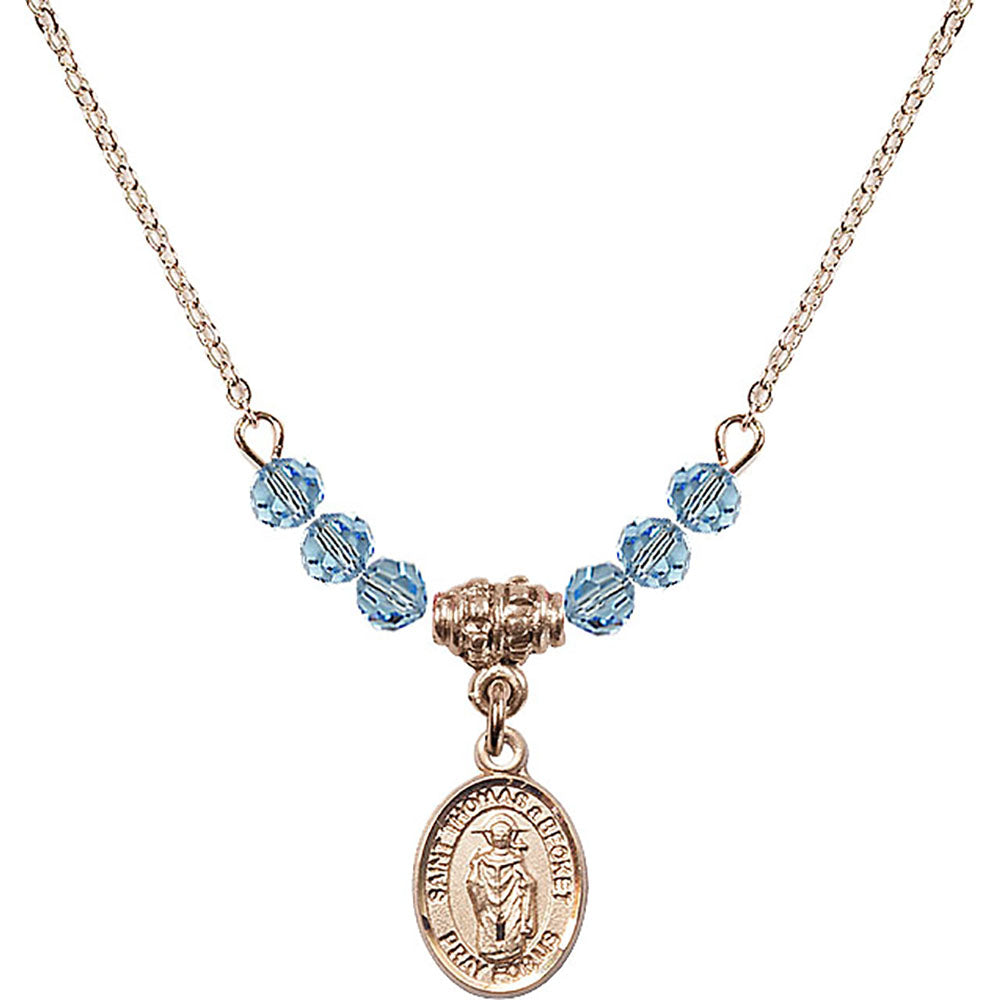 14kt Gold Filled Saint Thomas A Becket Birthstone Necklace with Aqua Beads - 9344