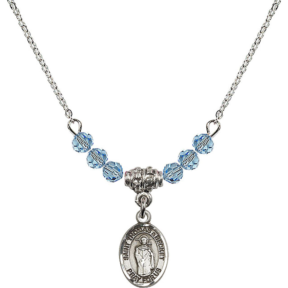 Sterling Silver Saint Thomas A Becket Birthstone Necklace with Aqua Beads - 9344