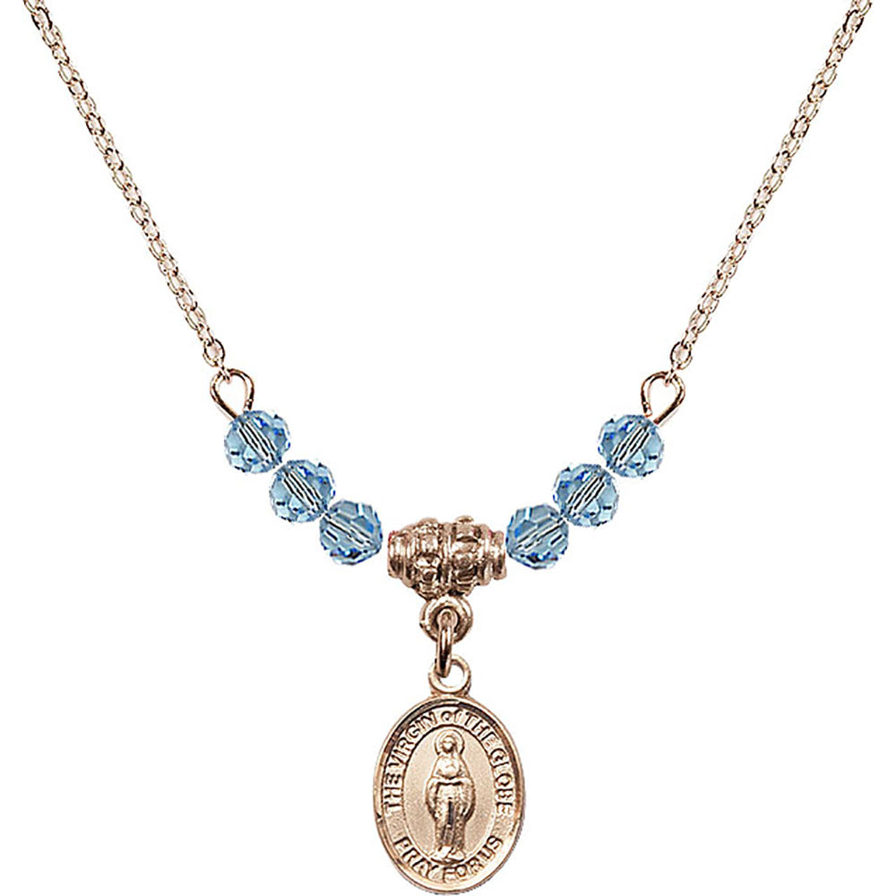 14kt Gold Filled Virgin of the Globe Birthstone Necklace with Aqua Beads - 9345
