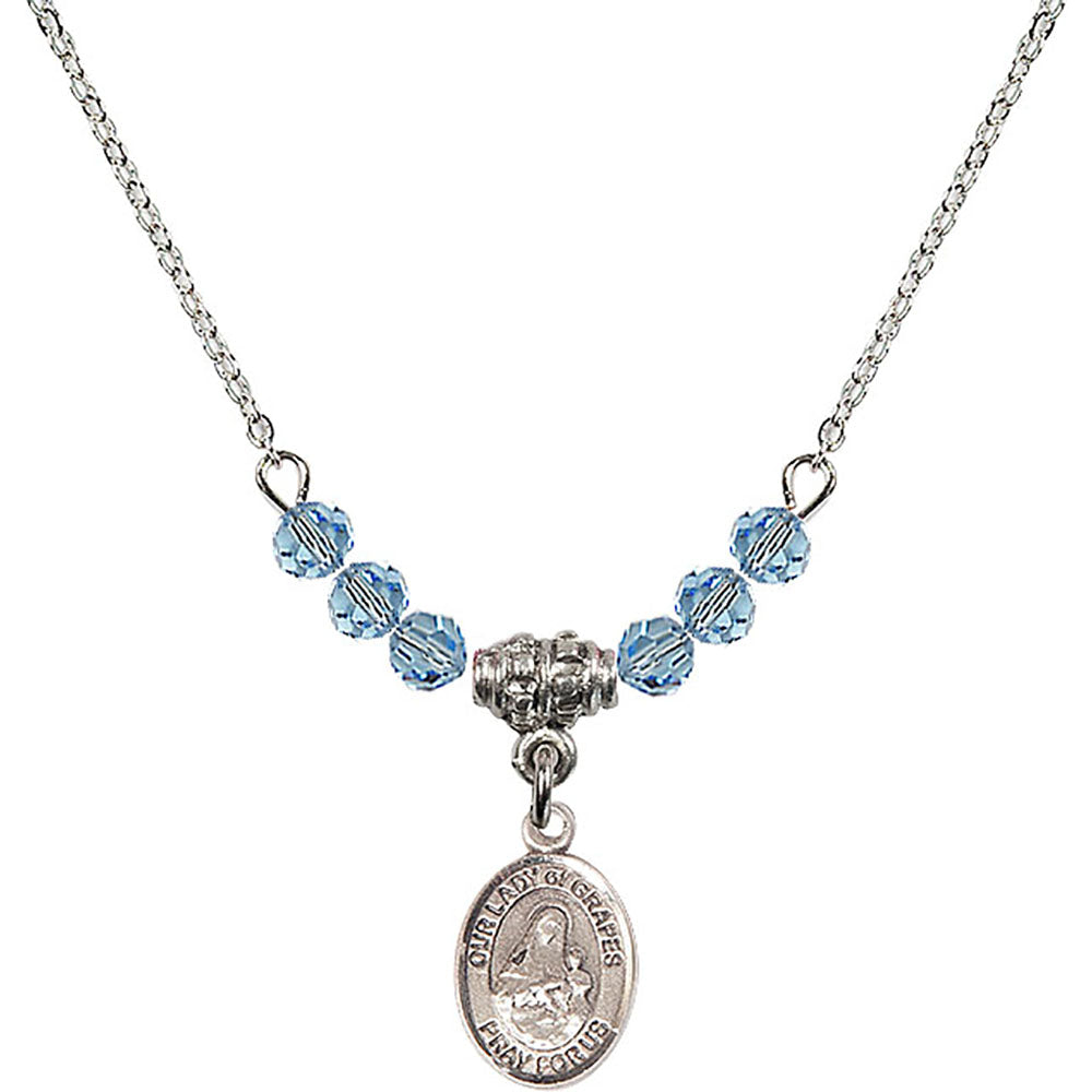 Sterling Silver Our Lady of Grapes Birthstone Necklace with Aqua Beads - 9347