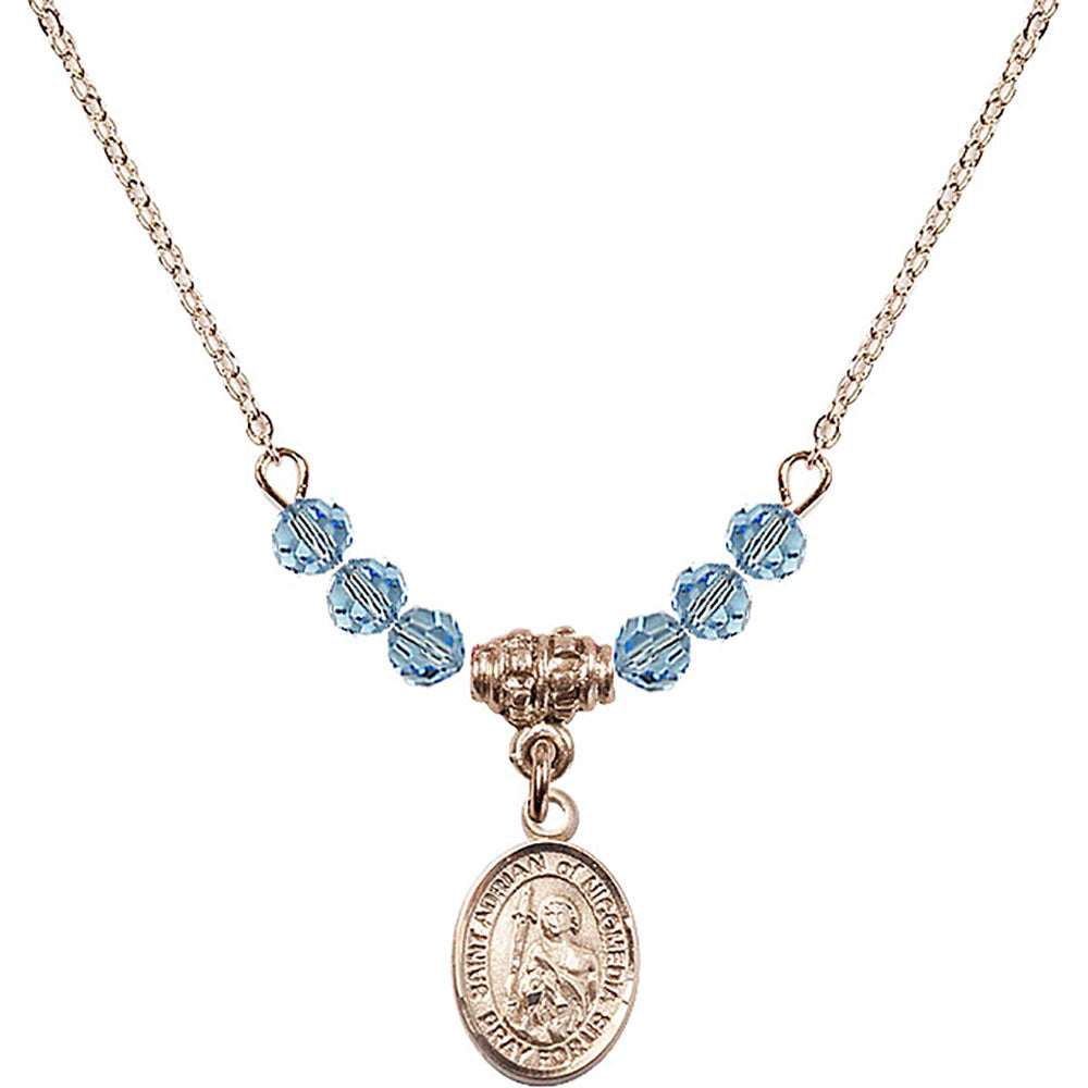 14kt Gold Filled Saint Adrian of Nicomedia Birthstone Necklace with Aqua Beads - 9353