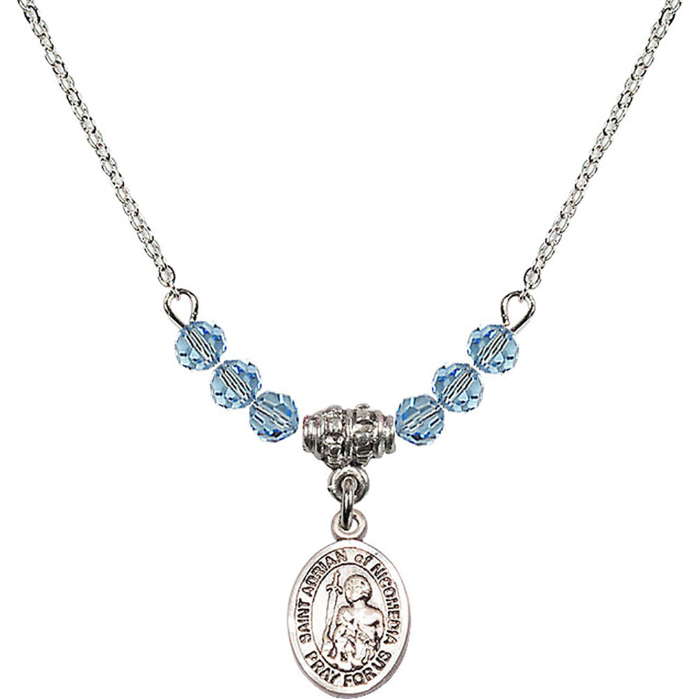 Sterling Silver Saint Adrian of Nicomedia Birthstone Necklace with Aqua Beads - 9353