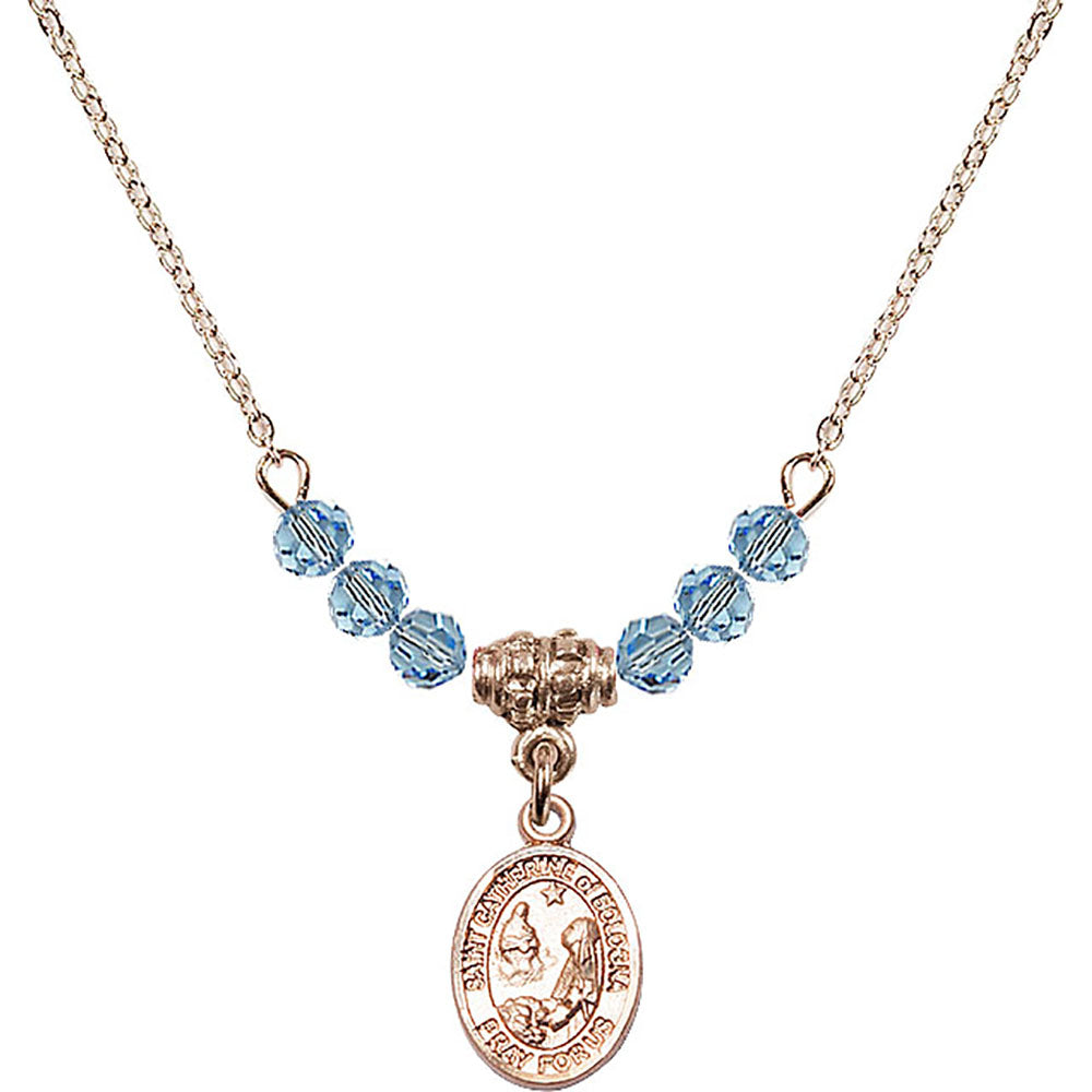 14kt Gold Filled Saint Catherine of Bologna Birthstone Necklace with Aqua Beads - 9354