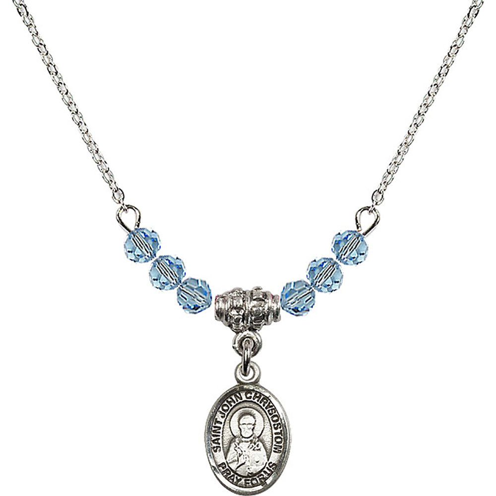Sterling Silver Saint John Chrysostom Birthstone Necklace with Aqua Beads - 9357
